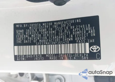 2022 Toyota Corolla Le from USA, damaged, VIN 5YFEPMAE8NP365428